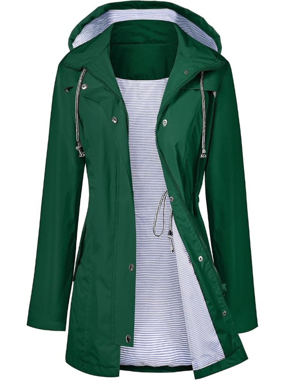 Women Green Hooded Adjustable Drawstring Waterproof Windbreaker Trench Rain Coat